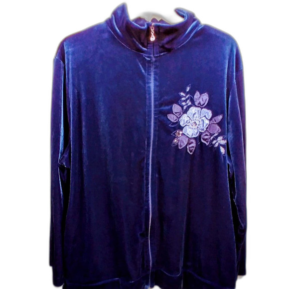 Jaclyn Smith Blue Floral Applique Velveteen Zip Up Jacket XL-XXL - Picture 2 of 10